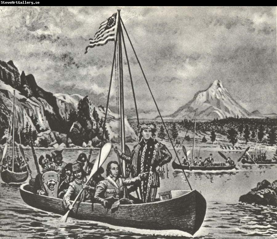 unknow artist Lewis and Clark in an cannon pa Columbia river anti closed of their fard vasterut tvars over America 1895